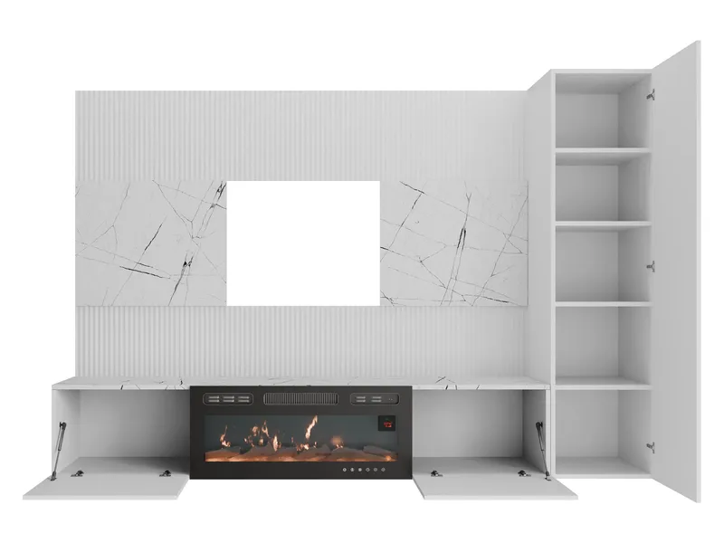 Bernice TV-veggskap 220 cm elektrisk peis med varmefunksjon og LED-belysning - beige, brun - Møbler - TV- & Mediamøbler - TV-skap