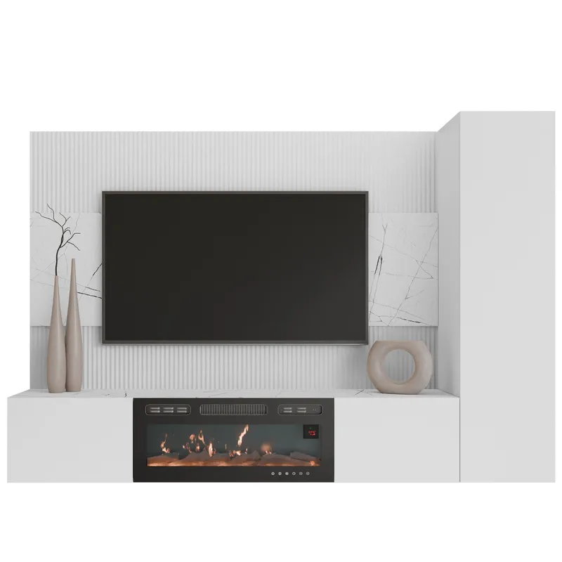 Bernice TV-veggskap 220 cm elektrisk peis med varmefunksjon og LED-belysning - hvit - Møbler - TV- & Mediamøbler - TV-skap