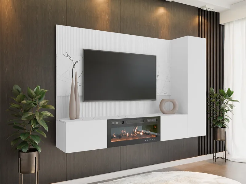 Bernice TV-veggskap 220 cm elektrisk peis med varmefunksjon og LED-belysning - hvit - Møbler - TV- & Mediamøbler - TV-skap