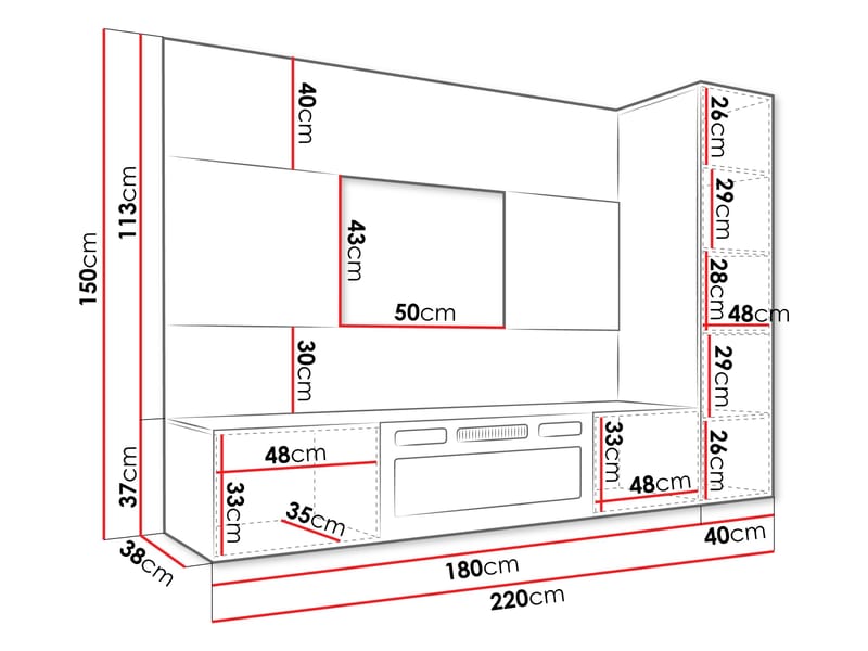 Bernice TV-veggskap 220 cm elektrisk peis med varmefunksjon og LED-belysning - beige, brun - Møbler - TV- & Mediamøbler - TV-skap