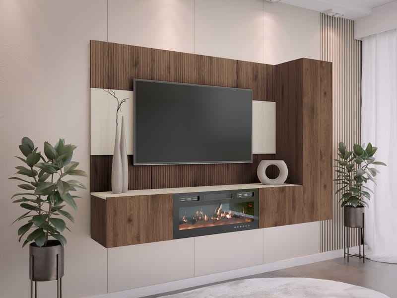 Bernice TV-veggskap 220 cm elektrisk peis med varmefunksjon og LED-belysning - brun - Møbler - TV- & Mediamøbler - TV-skap