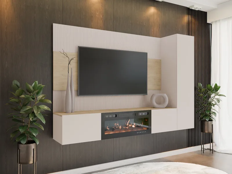 Bernice TV-veggskap 220 cm elektrisk peis med varmefunksjon og LED-belysning - beige, brun - Møbler - TV- & Mediamøbler - TV-skap