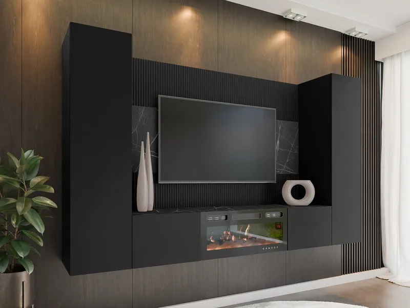 Bernice TV-veggskap 260 cm elektrisk peis med varmefunksjon og LED-belysning - svart - Møbler - TV- & Mediamøbler - TV-skap
