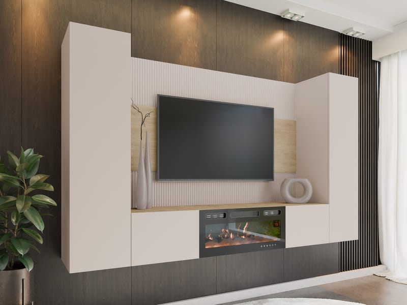 Bernice TV-veggskap 260 cm elektrisk peis med varmefunksjon og LED-belysning - beige, brun - Møbler - TV- & Mediamøbler - TV-skap