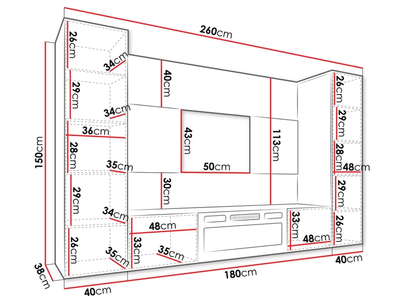 Bernice TV-veggskap 260 cm elektrisk peis med varmefunksjon og LED-belysning - beige, brun - Møbler - TV- & Mediamøbler - TV-skap
