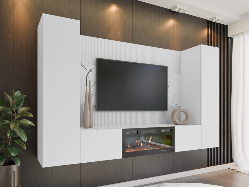 Bernice TV-veggskap 260 cm elektrisk peis med varmefunksjon og LED-belysning - hvit - Møbler - TV- & Mediamøbler - TV-skap