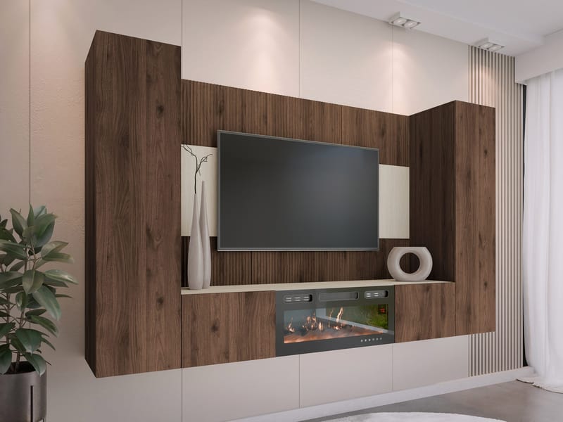 Bernice TV-veggskap 260 cm elektrisk peis med varmefunksjon og LED-belysning - brun - Møbler - TV- & Mediamøbler - TV-skap