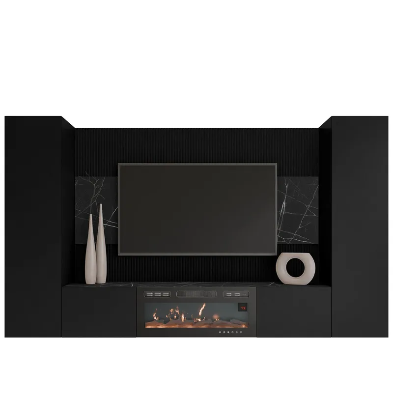 Bernice TV-veggskap 260 cm elektrisk peis med varmefunksjon og LED-belysning - svart - Møbler - TV- & Mediamøbler - TV-skap