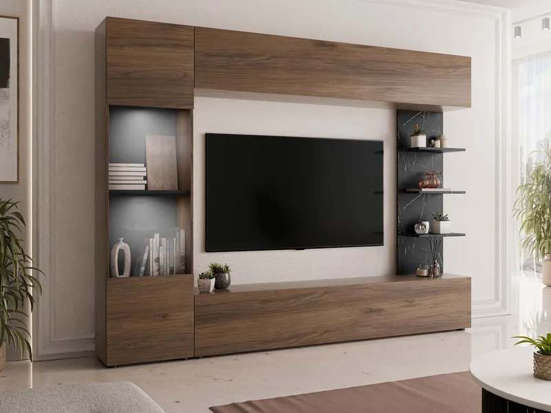 Bunda TV-veggseksjon med LED-belysning 250 cm - hvit - Møbler - TV- & Mediamøbler - TV-møbelsett