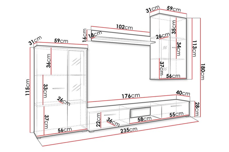 Bunta TV-møbelsett 235x40 cm - Hvit - Møbler - TV- & Mediamøbler - TV-møbelsett