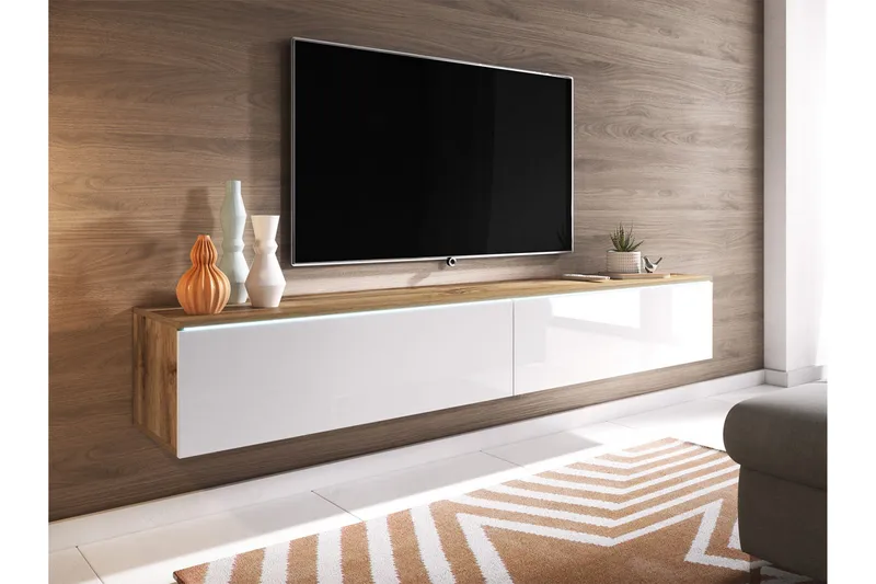 Cuguen TV-benk 180 cm LED-belysning - Tre/Natur|Hvit|Hvit LED - Møbler - TV- & Mediamøbler - TV benk & mediabenk