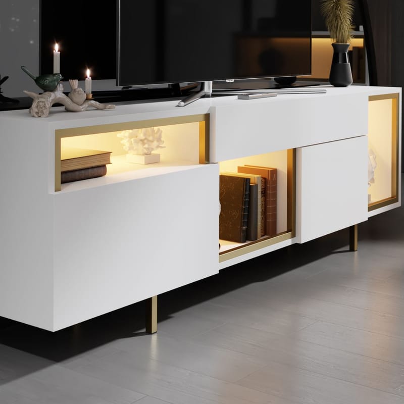 Denvar TV-benk 180x55x32 cm - hvit og gull - Møbler - TV- & Mediamøbler - TV benk & mediabenk