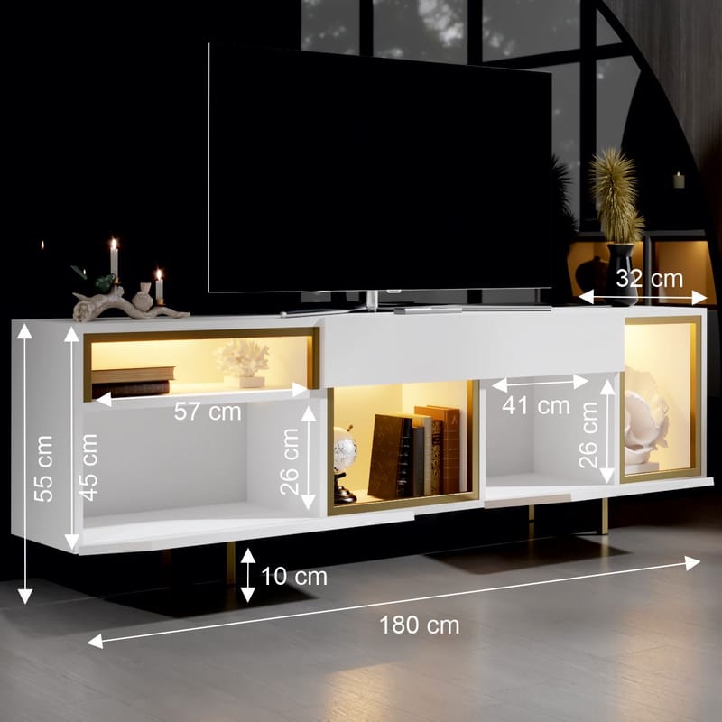 Denvar TV-benk 180x55x32 cm - hvit og gull - Møbler - TV- & Mediamøbler - TV benk & mediabenk
