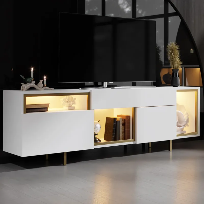 Denvar TV-benk 180x55x32 cm - hvit og gull - Møbler - TV- & Mediamøbler - TV benk & mediabenk