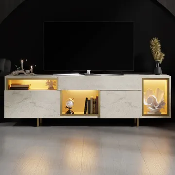 Denvar TV-benk 180x55x32 cm - travertin og gull - Møbler - TV- & Mediamøbler - TV benk & mediabenk