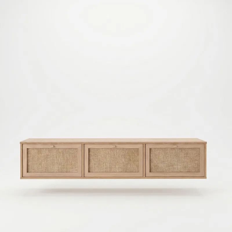 Dune Veggmontert TV-benk 180 cm med Oppbevaring i Tre med Rottingdetaljer, Beige