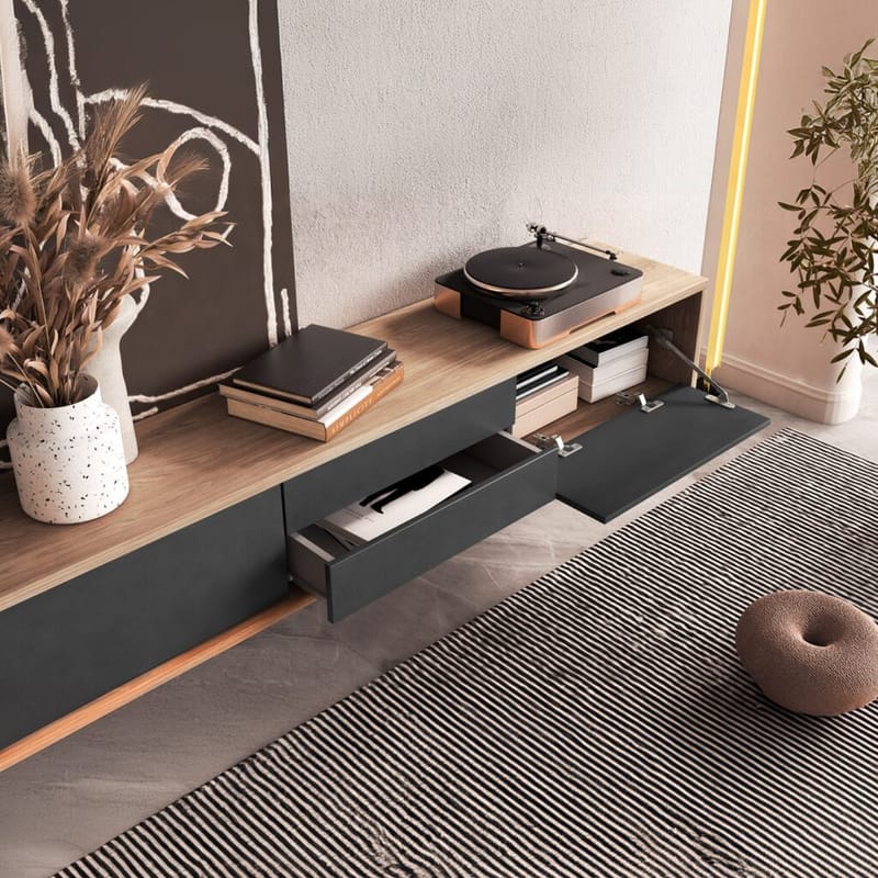 Flytende TV-stativ Frida 2 klaffer med 2 skuffer opp - Antrasitt - Møbler - TV- & Mediamøbler - TV benk & mediabenk