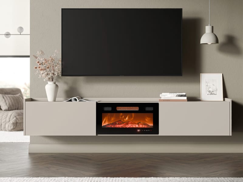 Jovren TV-benk 200 cm med peis med varmefunksjon - Beige|svart - Møbler - TV- & Mediamøbler - TV benk & mediabenk