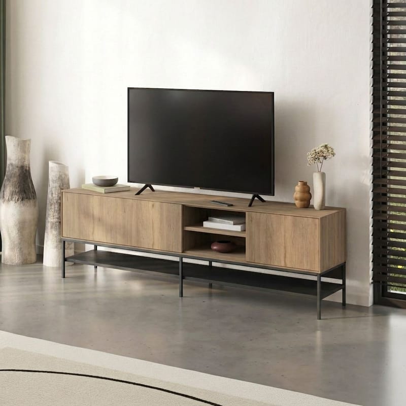 Kenvor TV-benk 180 cm - Naturlig eik, tre svart, svart - Møbler - TV- & Mediamøbler - TV benk & mediabenk