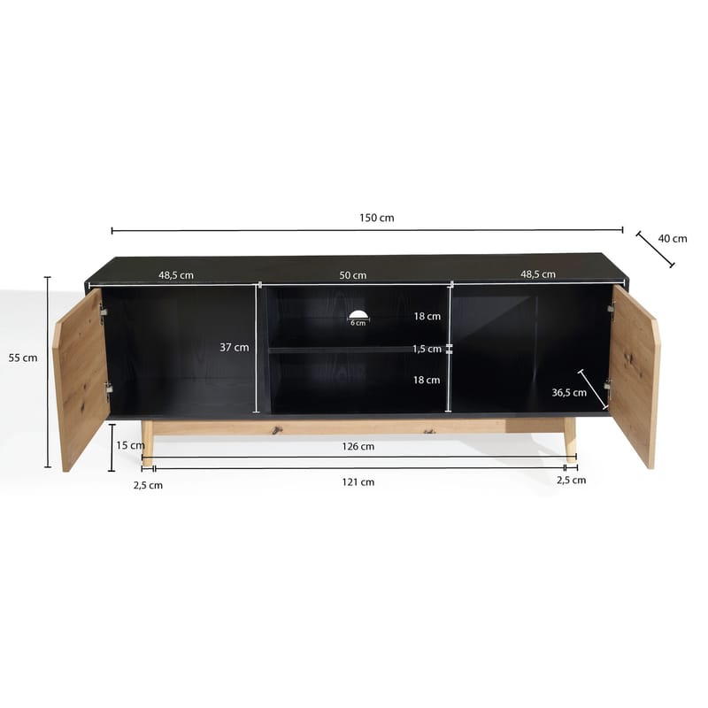 Lav TV-benk Wohnling Eik, svart, 150 cm - Svart med eikefargede fronter/ben - Møbler - TV- & Mediamøbler - TV benk & mediabenk