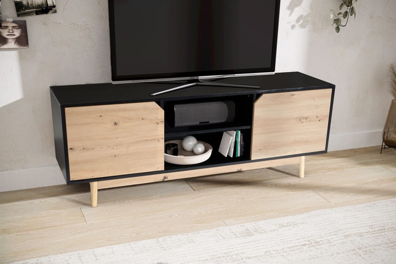 Lav TV-benk Wohnling Eik, svart, 150 cm - Svart med eikefargede fronter/ben - Møbler - TV- & Mediamøbler - TV benk & mediabenk