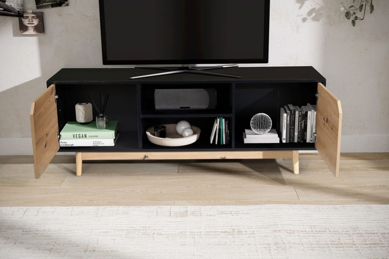 Lav TV-benk Wohnling Eik, svart, 150 cm - Svart med eikefargede fronter/ben - Møbler - TV- & Mediamøbler - TV benk & mediabenk