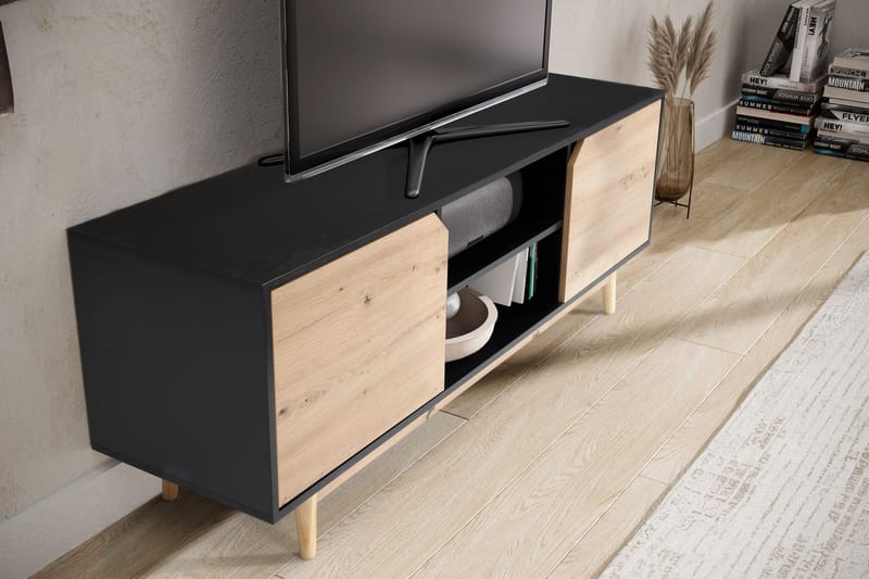 Lav TV-benk Wohnling Eik, svart, 150 cm - Svart med eikefargede fronter/ben - Møbler - TV- & Mediamøbler - TV benk & mediabenk