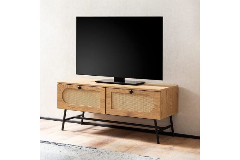 Lavbord Wohnling Melaminbelagt MDF Eik Optikk Rattan Front 2 Skuffer Metallben Moderne - Møbler - TV- & Mediamøbler - TV-skap