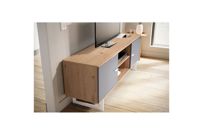 Lavbord Wohnling moderne sponplate, 2 dører, oppbevaringsbrett, metallben, moderne stil Eik, Grå - Eik, Grå - Møbler - TV- & Mediamøbler - TV-skap