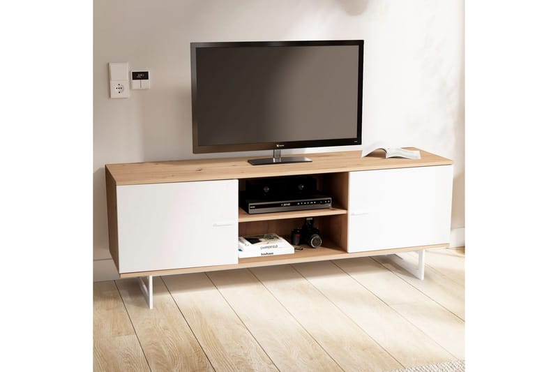Lavbord Wohnling moderne sponplate, 2 dører, oppbevaringsbrett, metallben, moderne stil Eik, Hvit - Eik, Hvit - Møbler - TV- & Mediamøbler - TV-skap