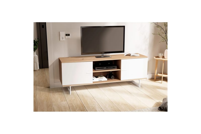 Lavbord Wohnling moderne sponplate, 2 dører, oppbevaringsbrett, metallben, moderne stil Eik, Hvit - Eik, Hvit - Møbler - TV- & Mediamøbler - TV-skap