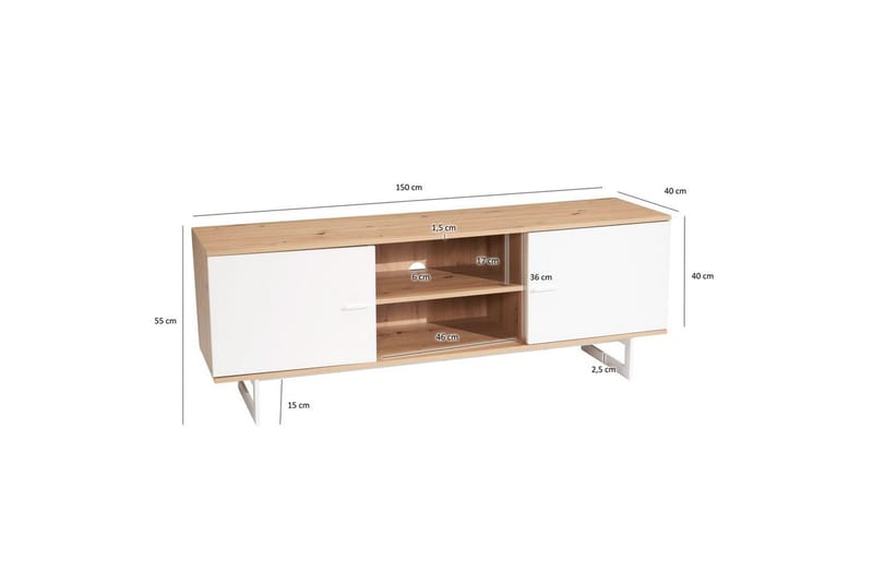 Lavbord Wohnling moderne sponplate, 2 dører, oppbevaringsbrett, metallben, moderne stil Eik, Hvit - Eik, Hvit - Møbler - TV- & Mediamøbler - TV-skap