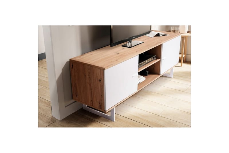 Lavbord Wohnling moderne sponplate, 2 dører, oppbevaringsbrett, metallben, moderne stil Eik, Hvit - Eik, Hvit - Møbler - TV- & Mediamøbler - TV-skap
