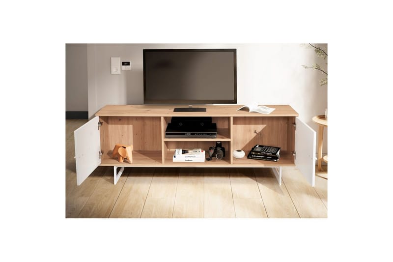 Lavbord Wohnling moderne sponplate, 2 dører, oppbevaringsbrett, metallben, moderne stil Eik, Hvit - Eik, Hvit - Møbler - TV- & Mediamøbler - TV-skap