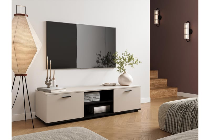 Lyrosen Gulvstående TV-benk 140 cm med Oppbevaring i Malt Tre - Beige - Møbler - TV- & Mediamøbler - TV benk & mediabenk