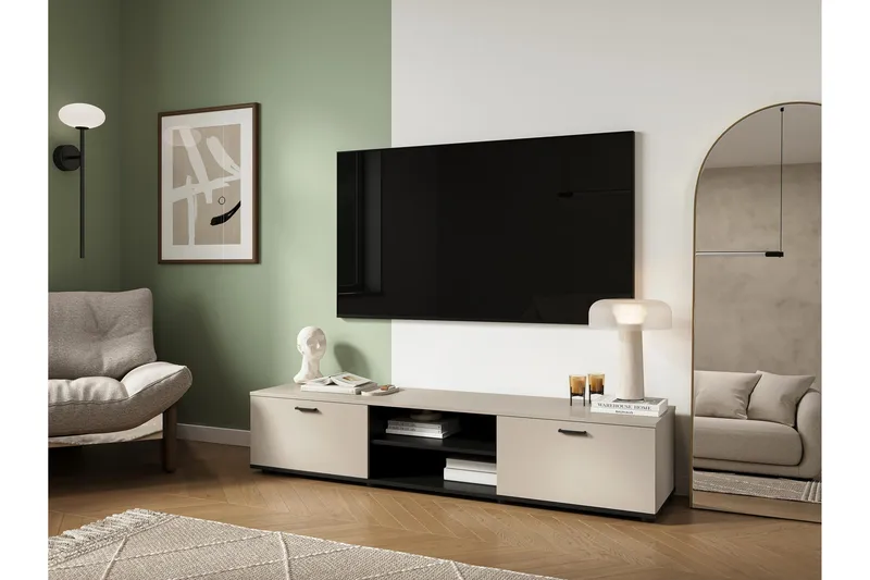 Lyrosen Gulvstående TV-benk 180 cm med Oppbevaring i Malt Tre - Beige - Møbler - TV- & Mediamøbler - TV benk & mediabenk