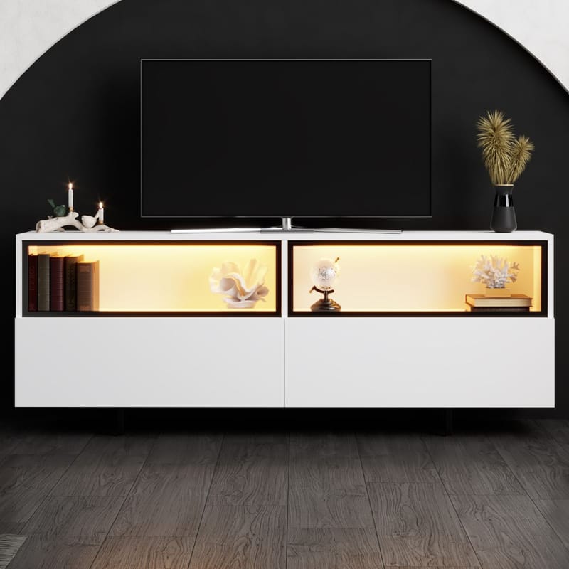 Cielieucel TV-benk 180 cm med Oppbevaring i Malt Tre med Belysning - Hvit - Møbler - TV- & Mediamøbler - TV benk & mediabenk