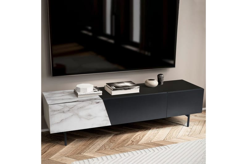 Lavbord Wohnling moderne sponplate, 1 skuff og 1 klaffdør, metallben, moderne stil Svart, marmor hvit - Svart, marmor hvit - Møbler - TV- & Mediamøbler - Mediestativ & veggfeste - TV-veggfeste