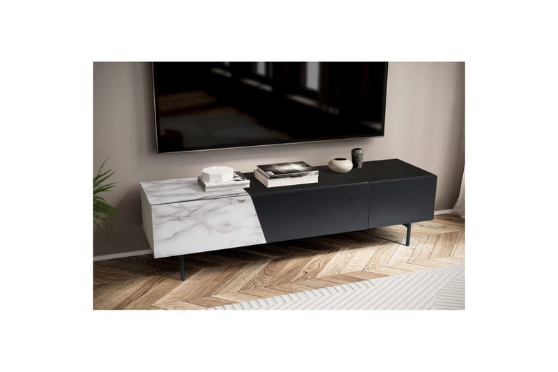 Lavbord Wohnling moderne sponplate, 1 skuff og 1 klaffdør, metallben, moderne stil Svart, marmor hvit - Svart, marmor hvit - Møbler - TV- & Mediamøbler - Mediestativ & veggfeste - TV-veggfeste