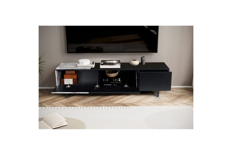 Lavbord Wohnling moderne sponplate, 1 skuff og 1 klaffdør, metallben, moderne stil Svart, marmor hvit - Svart, marmor hvit - Møbler - TV- & Mediamøbler - Mediestativ & veggfeste - TV-veggfeste