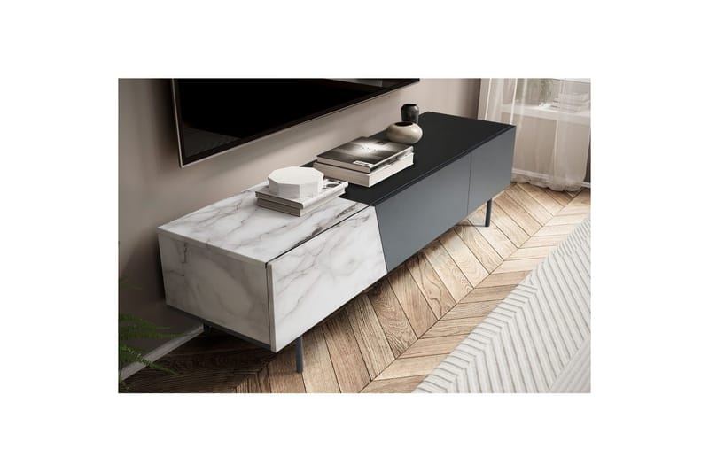 Lavbord Wohnling moderne sponplate, 1 skuff og 1 klaffdør, metallben, moderne stil Svart, marmor hvit - Svart, marmor hvit - Møbler - TV- & Mediamøbler - Mediestativ & veggfeste - TV-veggfeste