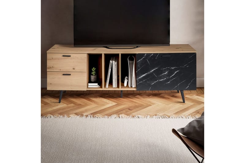 Lavbord Wohnling moderne sponplate, 2 skuffer, 1 dør, oppbevaringsbrett, metallben, moderne stil Eik, Marmor, Svart - Eik, Marmor, Svart - Møbler - TV- & Mediamøbler - Mediestativ & veggfeste - TV-veggfeste