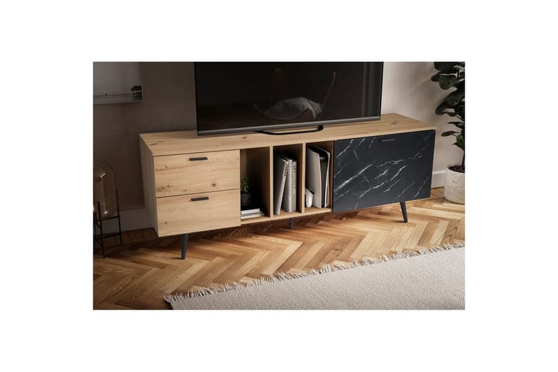 Lavbord Wohnling moderne sponplate, 2 skuffer, 1 dør, oppbevaringsbrett, metallben, moderne stil Eik, Marmor, Svart - Eik, Marmor, Svart - Møbler - TV- & Mediamøbler - Mediestativ & veggfeste - TV-veggfeste