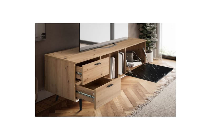 Lavbord Wohnling moderne sponplate, 2 skuffer, 1 dør, oppbevaringsbrett, metallben, moderne stil Eik, Marmor, Svart - Eik, Marmor, Svart - Møbler - TV- & Mediamøbler - TV benk & mediabenk