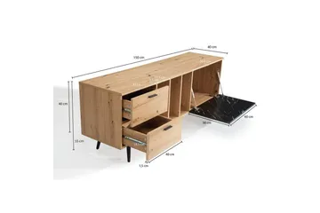 Lavbord Wohnling moderne sponplate, 2 skuffer, 1 dør, oppbevaringsbrett, metallben, moderne stil Eik, Marmor, Svart - Eik, Marmor, Svart - Møbler - TV- & Mediamøbler - TV benk & mediabenk