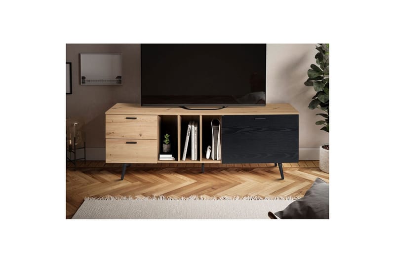 Lavbord Wohnling moderne sponplate, 2 skuffer, 1 dør, oppbevaringsbrett, metallben, moderne stil Eik - Eik - Møbler - TV- & Mediamøbler - Mediestativ & veggfeste - TV-veggfeste