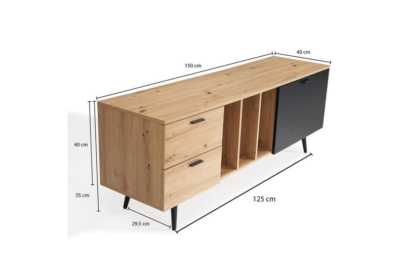 Lavbord Wohnling moderne sponplate, 2 skuffer, 1 dør, oppbevaringsbrett, metallben, moderne stil Eik - Eik - Møbler - TV- & Mediamøbler - Mediestativ & veggfeste - TV-veggfeste