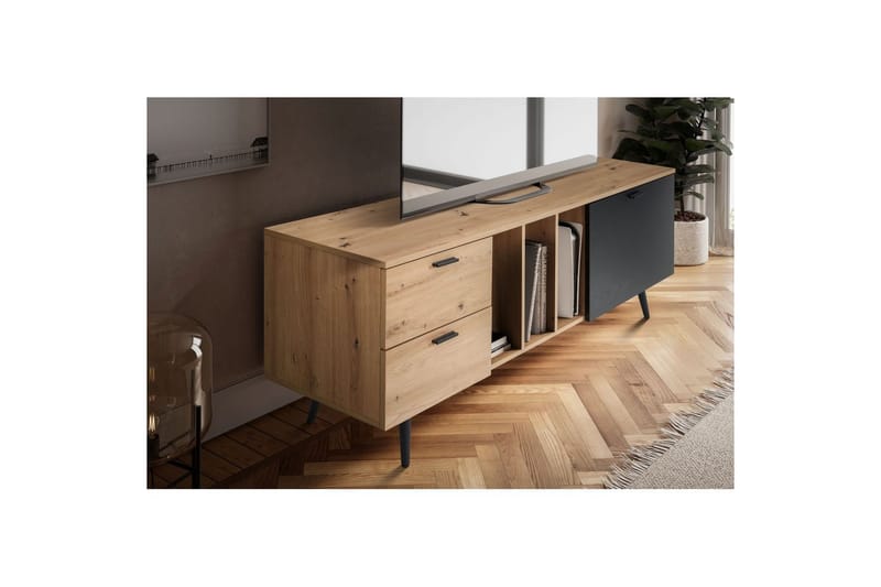 Lavbord Wohnling moderne sponplate, 2 skuffer, 1 dør, oppbevaringsbrett, metallben, moderne stil Eik - Eik - Møbler - TV- & Mediamøbler - Mediestativ & veggfeste - TV-veggfeste
