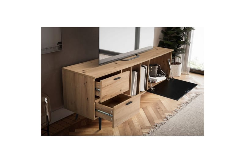 Lavbord Wohnling moderne sponplate, 2 skuffer, 1 dør, oppbevaringsbrett, metallben, moderne stil Eik - Eik - Møbler - TV- & Mediamøbler - Mediestativ & veggfeste - TV-veggfeste
