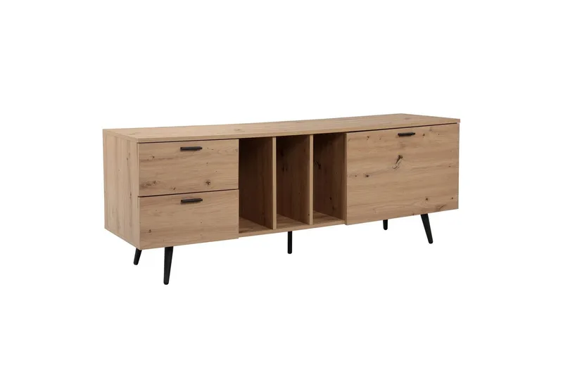 Lavbord Wohnling moderne sponplate, 2 skuffer, 1 dør, oppbevaringsbrett, metallben, moderne stil Svart, Eik, Svart, Eik